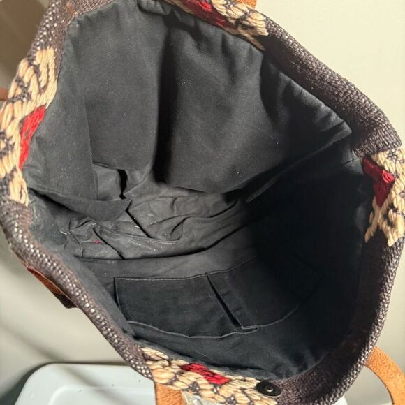 Woven Kilim rug tapestry tote bag leather straps Turkish western Aztec medium si - Picture 10 of 15